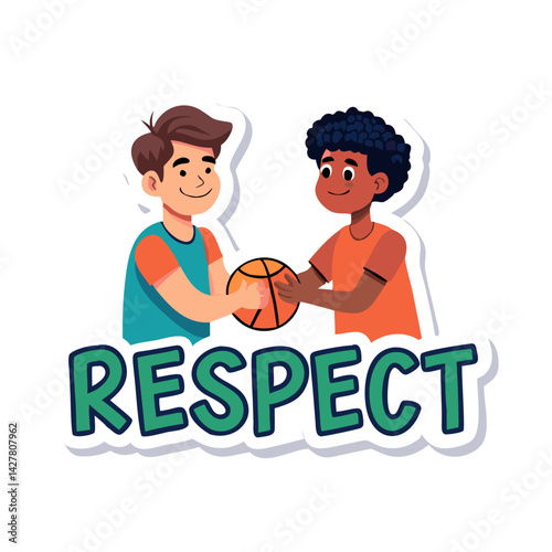 Two boys showing respect over basketball in cartoon sticker style