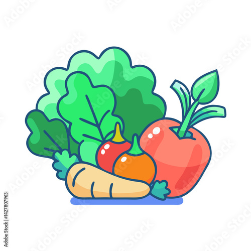 Assorted vegetables on plate in cartoon illustration style