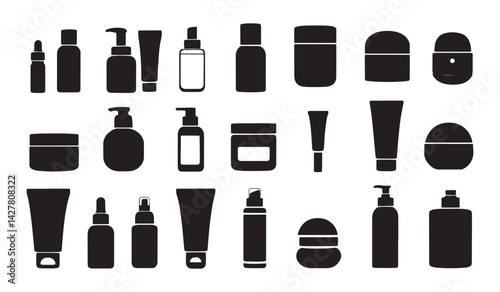 A set of stylized black silhouette icons depicting various skincare products