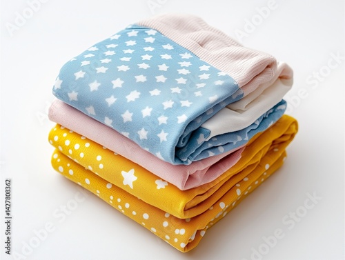 Folded cotton baby clothes on a white seamless background