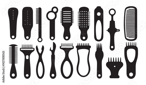 A set of black silhouette graphic illustrations of hair care tools