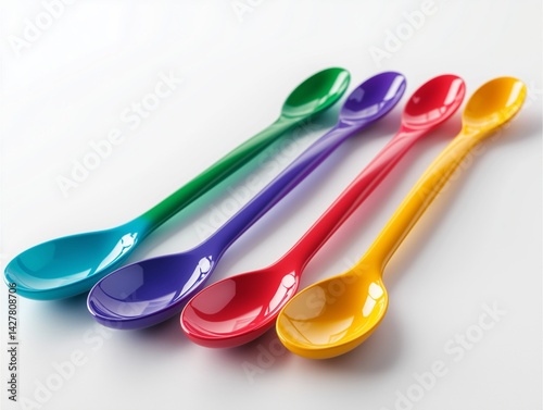 Measuring spoons in rainbow colors, laid out flat, photorealistic plastic texture 