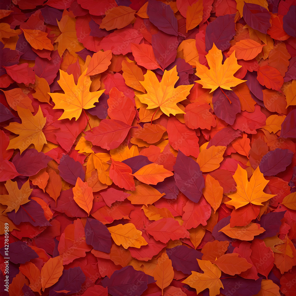 Fototapeta premium Vibrant Overhead Flat Lay of Colorful Autumn Leaves in Shades of Red, Orange, and Yellow Creating a Rich Textured Background