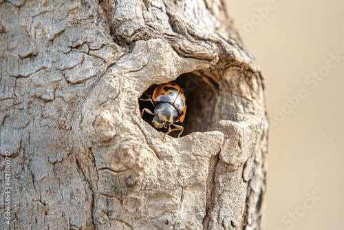 Close-up of a ladybug in a tree trunk cavity. photo