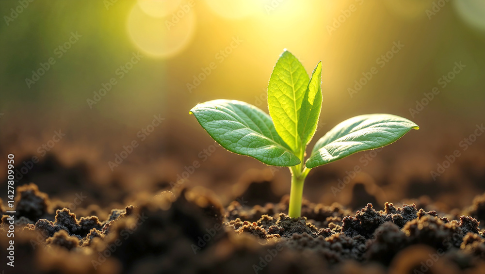 vibrant green seedling emerging from fertile soil, illuminated by soft golden sunlight