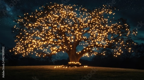 an image of a tree lit up at night with stars in the sky above it