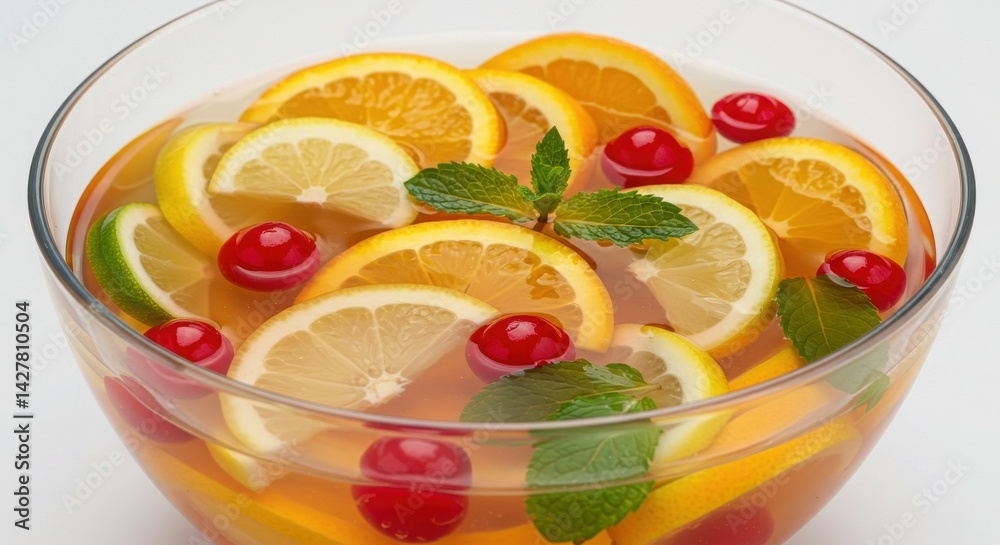 A bowl of fruit punch with orange lemon lime and cherries A bowl of fruit punch with orange lemon lime and cherries