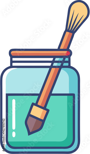 Cartoon Illustration of a Paintbrush Dipped in Water in a Jar