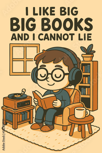 Cartoon Boy Reading Book and Listening to Music in Living Room