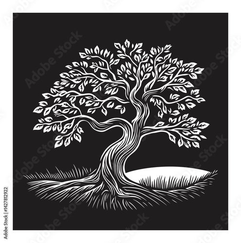 Elegant Black and White Tree Engraving with Detailed Leaves and Branches