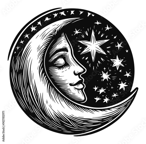 Moon and Stars Illustration Engraving in Black and White Style