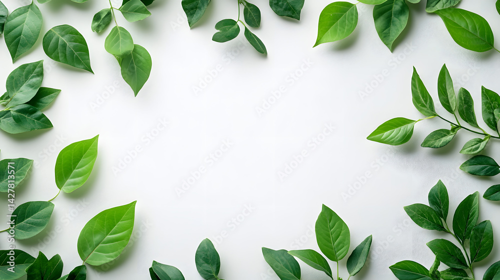 Fototapeta premium Green leaf arrangement on horizontal pure white background nature plant art minimalist environment