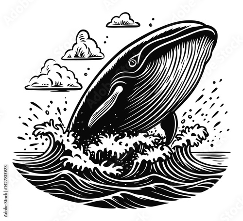 Intricate Engraving of a Whale Breaching the Ocean Waves