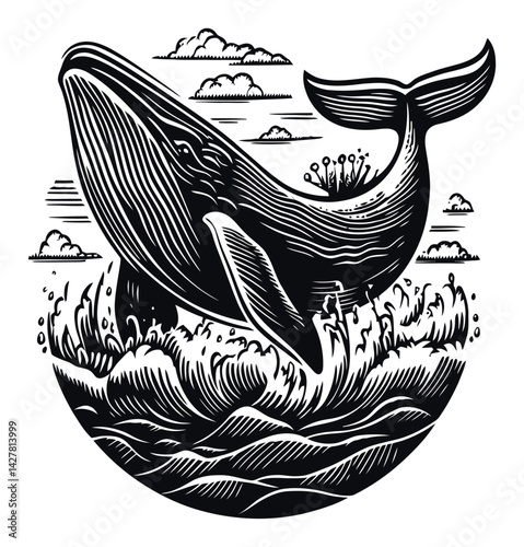 Detailed Engraving of a Whale Leaping Above Ocean Waves