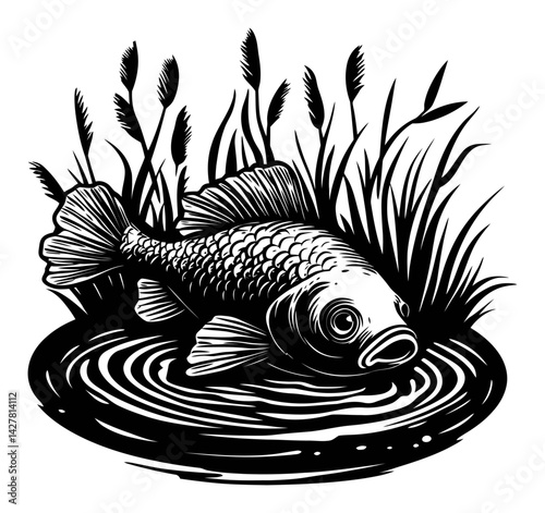 Detailed Black and White Engraving of a Fish Surrounded by Reeds