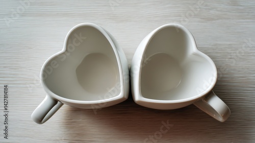 Two white cups on a wooden table forming a heart shape with their handles together symbolizing love and togetherness
