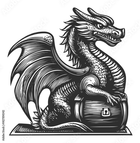 Intricate Black and White Engraving of a Dragon Guarding Treasure