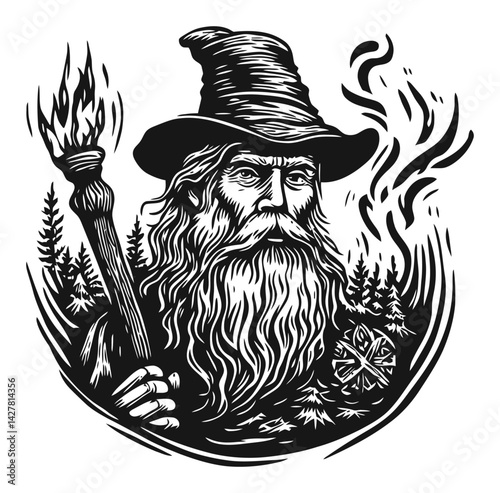 Detailed Black and White Illustration of a Wizard with a Torch
