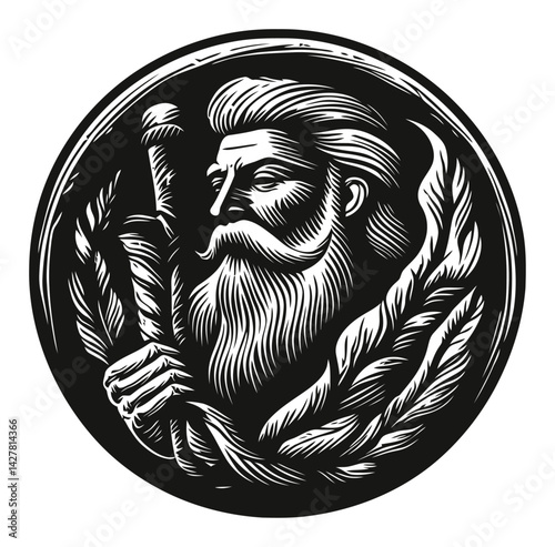 Detailed Vintage Engraving of a Bearded Man with a Sword and Laurel