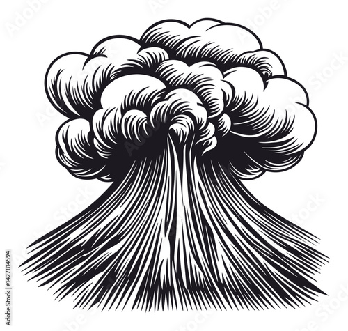 Black and White Engraving of Erupting Volcano with Clouds and Ash