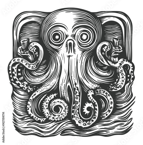 Detailed Black and White Illustration of an Octopus with Unique Style
