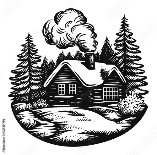 Rustic Cabin in Forest with Smoke and Pine Trees Illustration