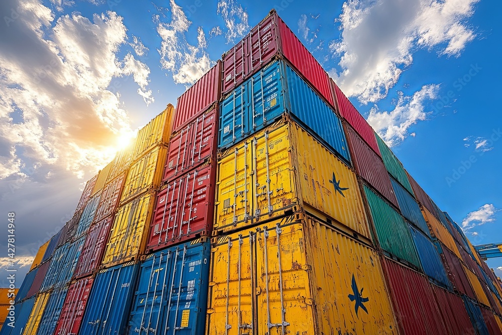Fototapeta premium Stacked containers showcasing international shipping and logistics in the sunlight
