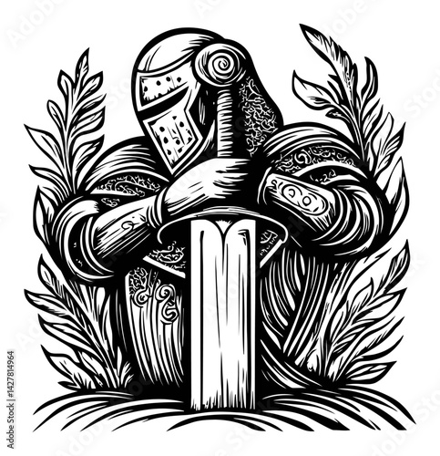 Detailed Knight Engraving Design with Sword and Decorative Foliage