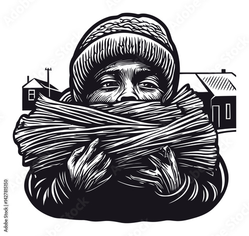 Detailed illustration of a person with bundled firewood in winter