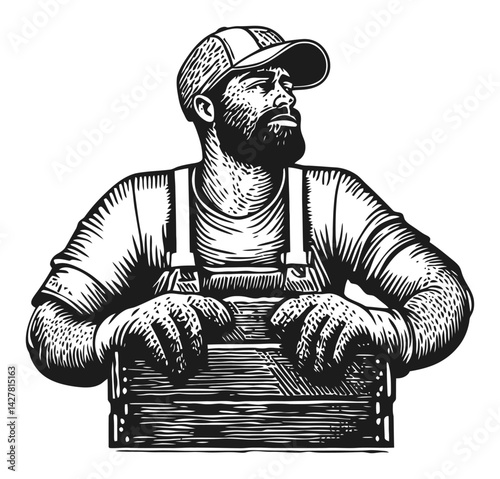 Engraved Illustration of a Bearded Worker with Wooden Crate