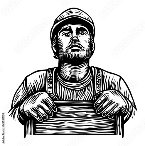 Detailed Engraving of a Thoughtful Worker with Signboard