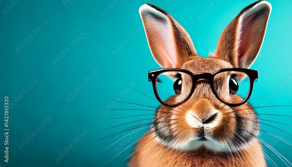 Fototapeta premium Realistic close-up of rabbit face with glasses, soft lighting, bright turquoise solid background