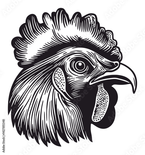 Detailed Black and White Engraving of Rooster Illustration