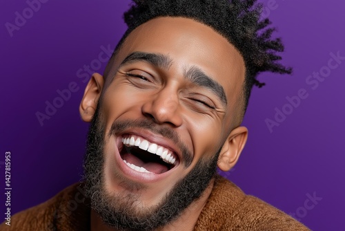 Young man exudes joy and laughter against a vibrant purple background in a carefree moment