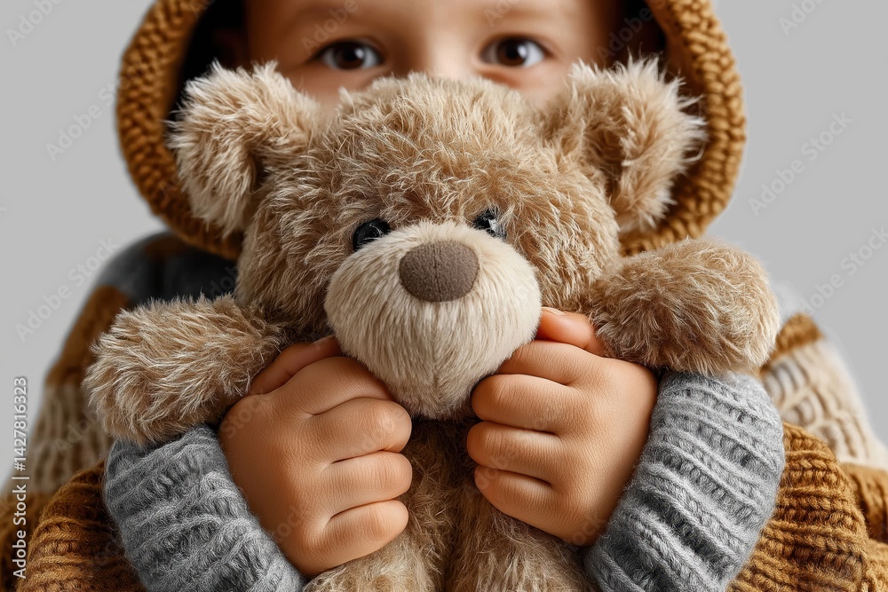 Child holding a teddy bear, showing comfort and innocence while wearing a cozy sweater