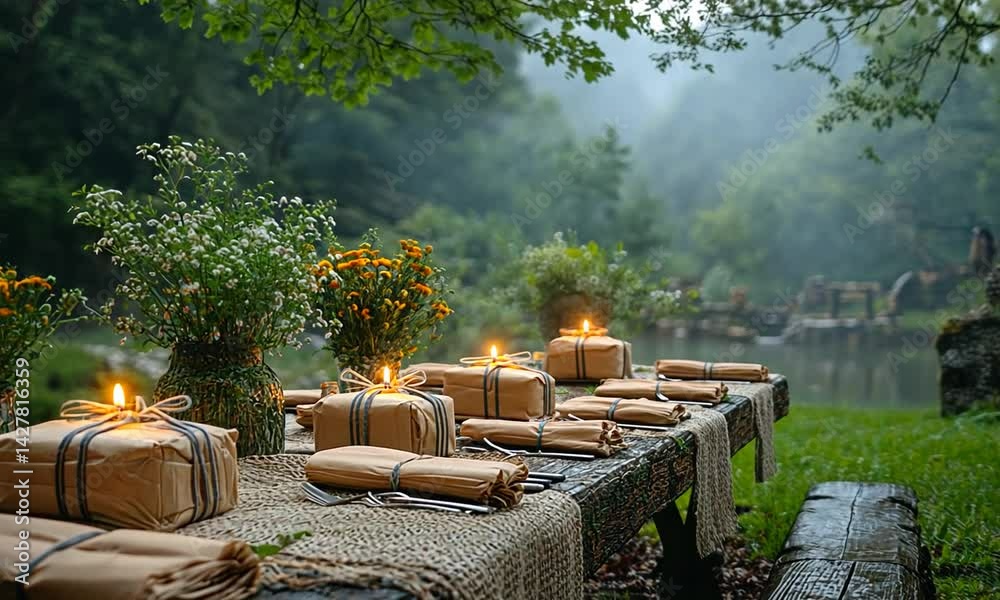 Serene outdoor dining setup with candles and flowers by a misty lake, surrounded by nature Serene outdoor dining setup with candles and flowers by a misty lake, surrounded by nature