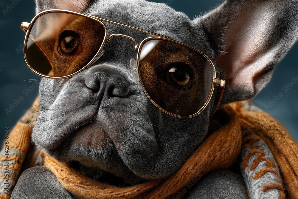 Cool French Bulldog puppy wears stylish square sunglasses and a chic scarf, ready for a fashionable outing with flair and charm