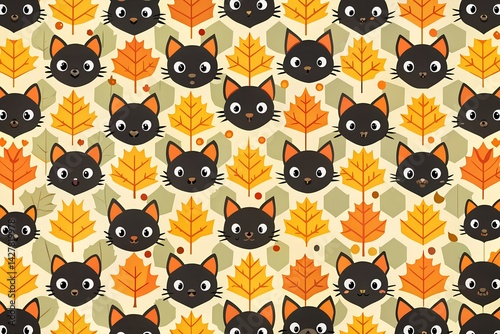 Obraz na płótnie Black Cat Faces and Autumn Leaves Seamless Pattern w salonie