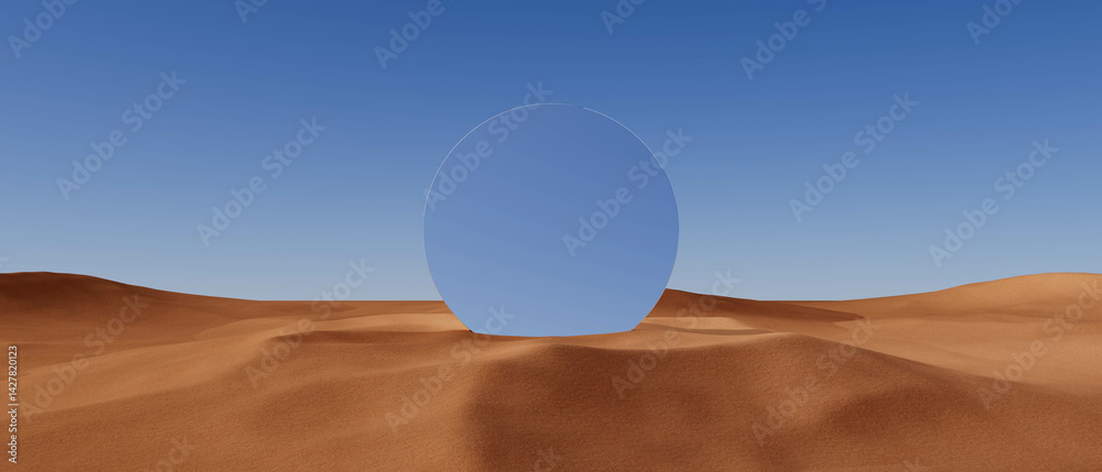 round clear mirror in the middle of a desert