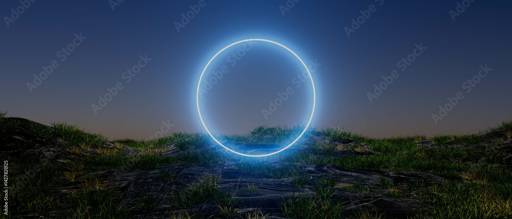 A large glowing neon circle is in the middle of a field