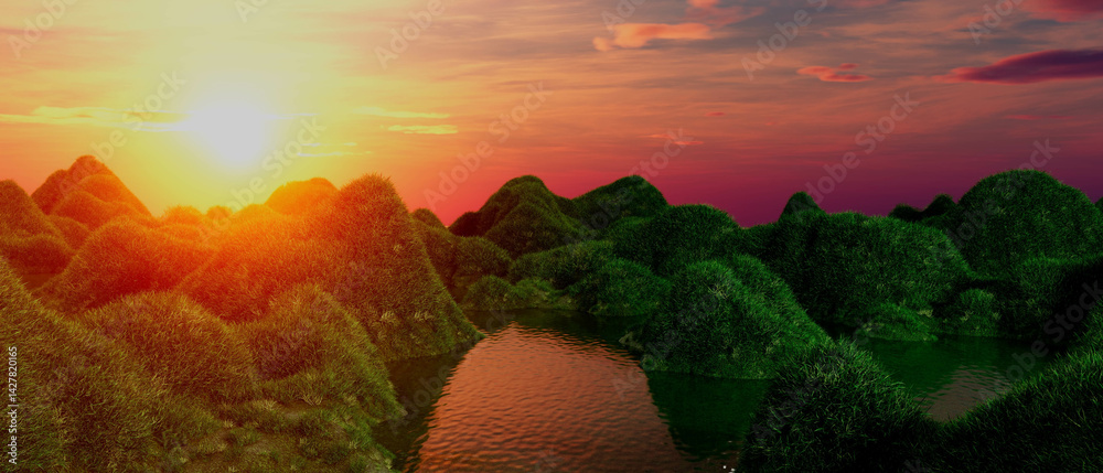 A green grass with a body of water in the middle