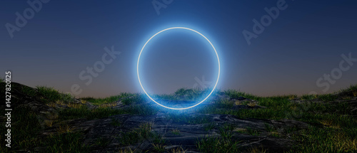 Obraz na płótnie A large glowing neon circle is in the middle of a field w salonie