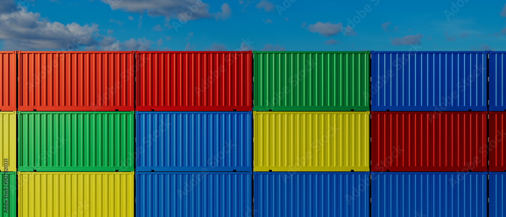 A row of colorful shipping containers