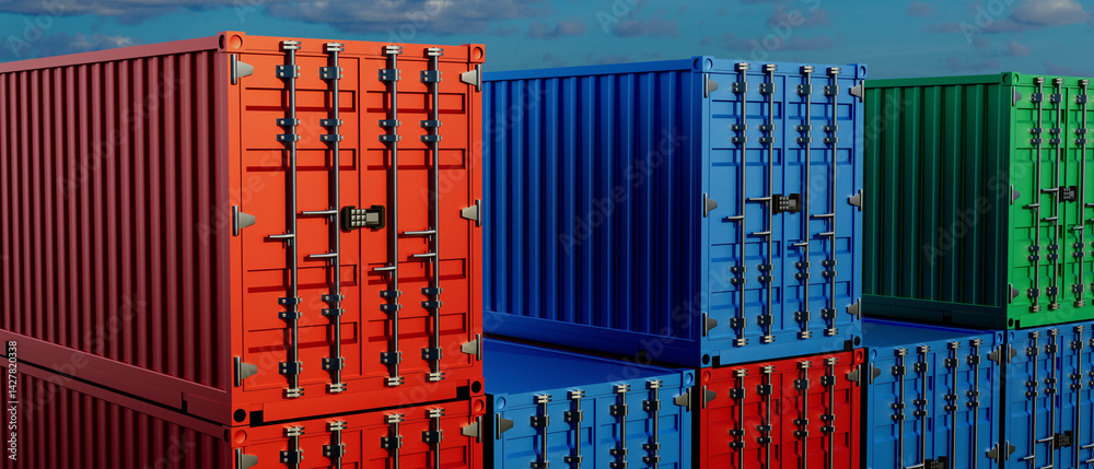 A row of blue, red, and green shipping containers