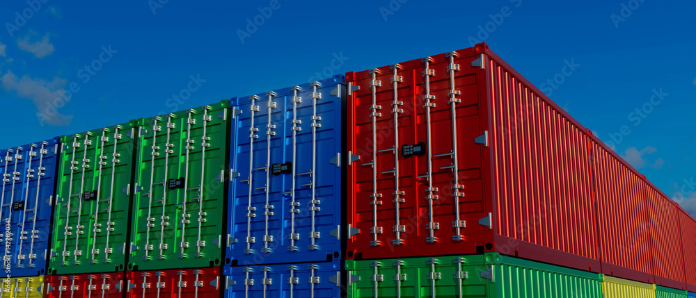 A row of shipping containers with different colors stacked on top of each other