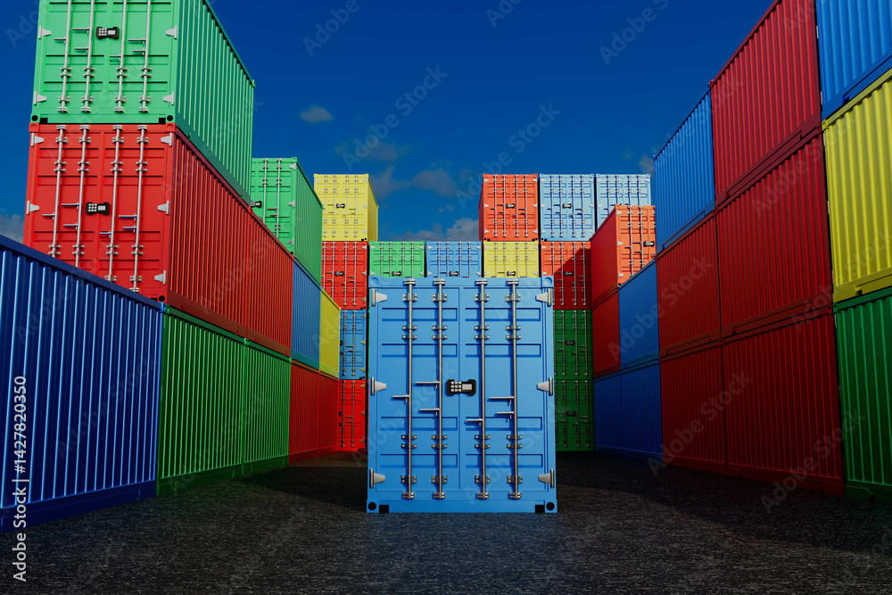 A blue container is in front of a stack of red shipping containers