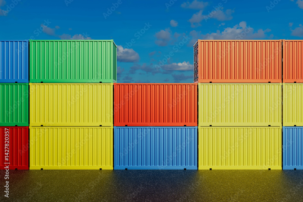 A row of colorful shipping containers are stacked on top of each other