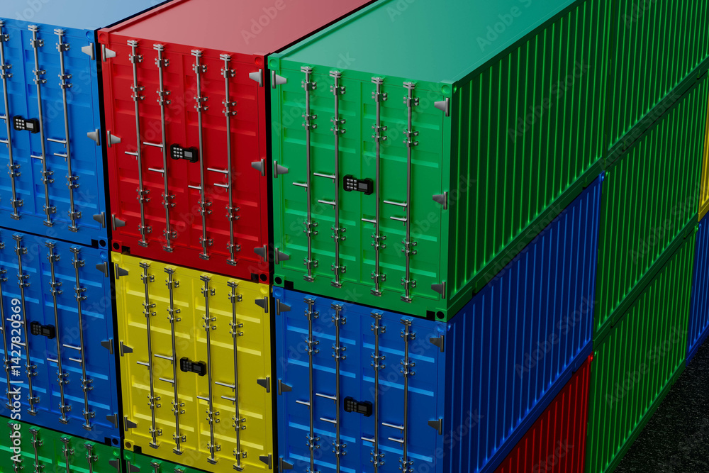 A stack of shipping containers with the colors red, blue, yellow, and green