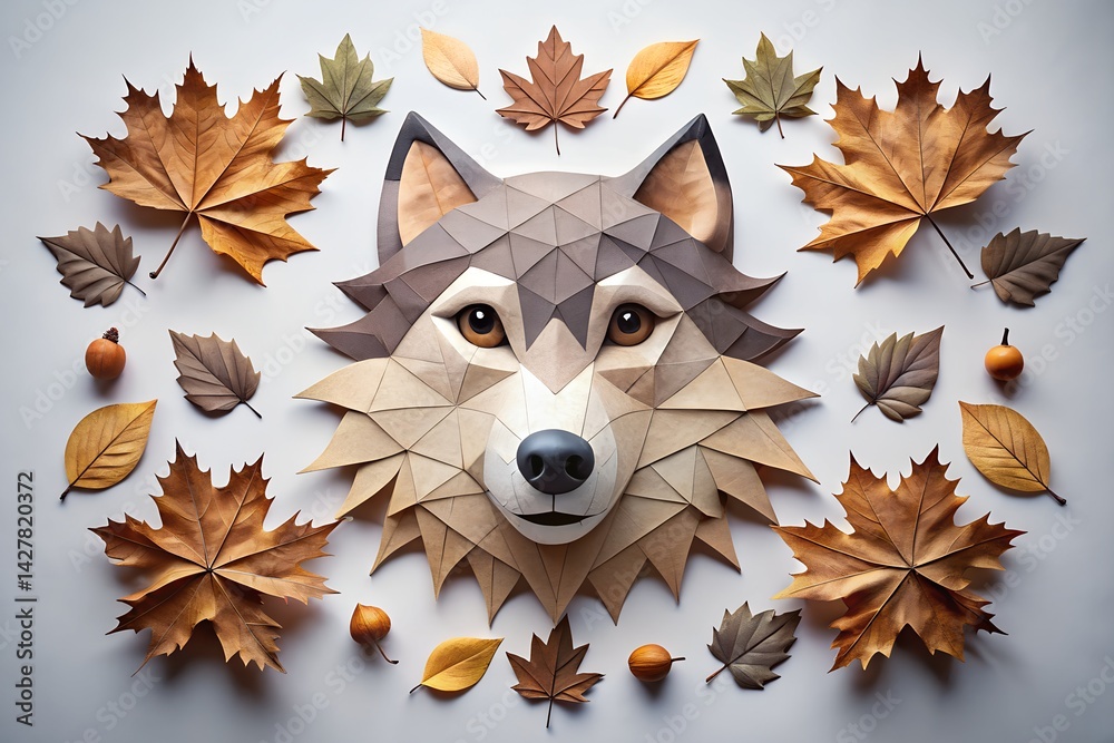 Geometric Wolf with Autumn Leaves