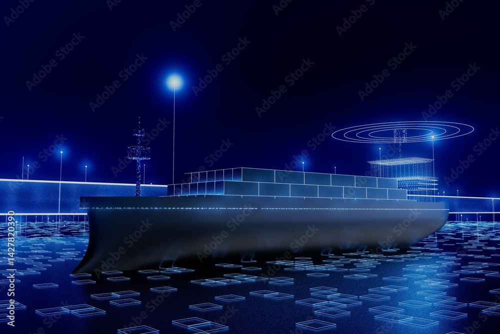 A cargo ship with shipping containers is shown in a blue and white color scheme